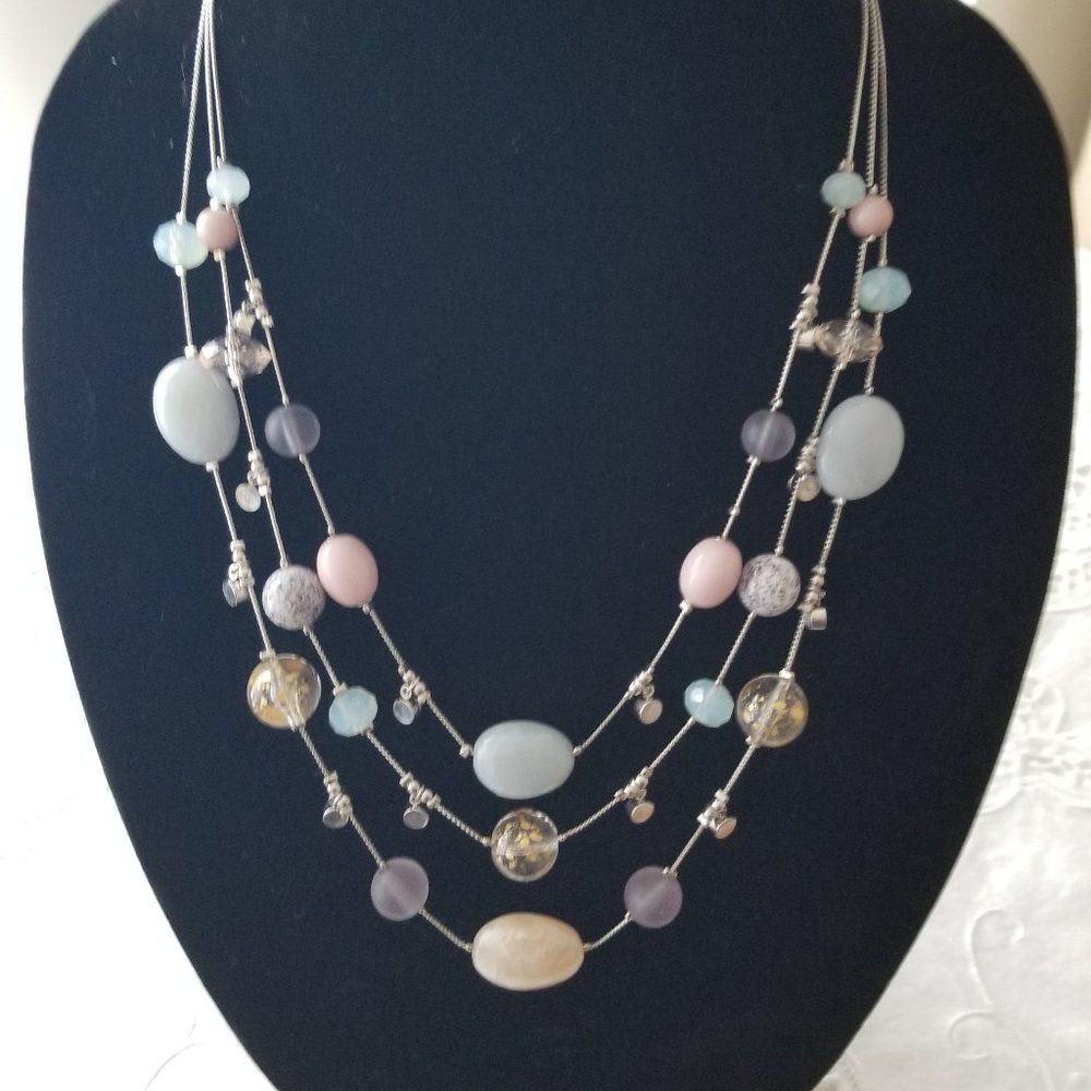 SILVERTONE, STONE,CRYSTAL 3 LAYER NECKLACE NWOT